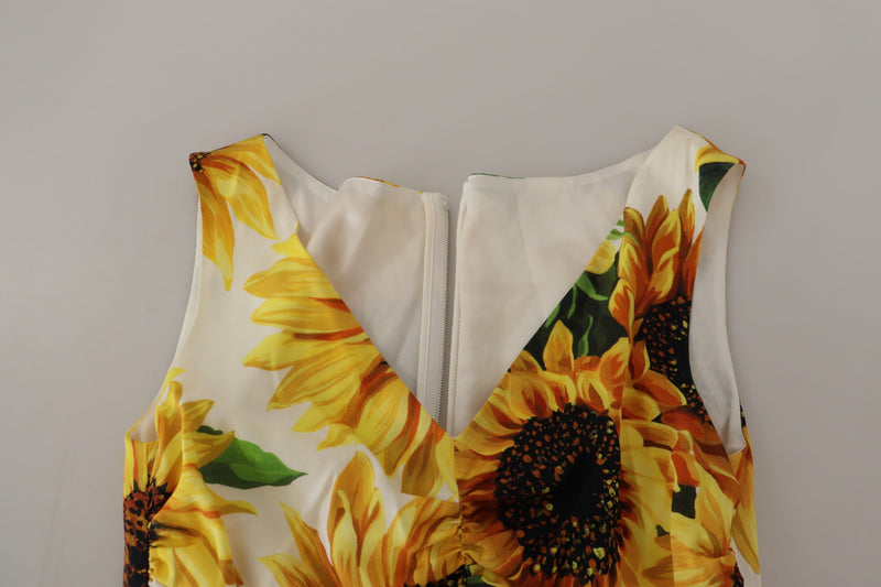 Dolce & Gabbana White Sunflower Print Sheath Midi Silk Dress