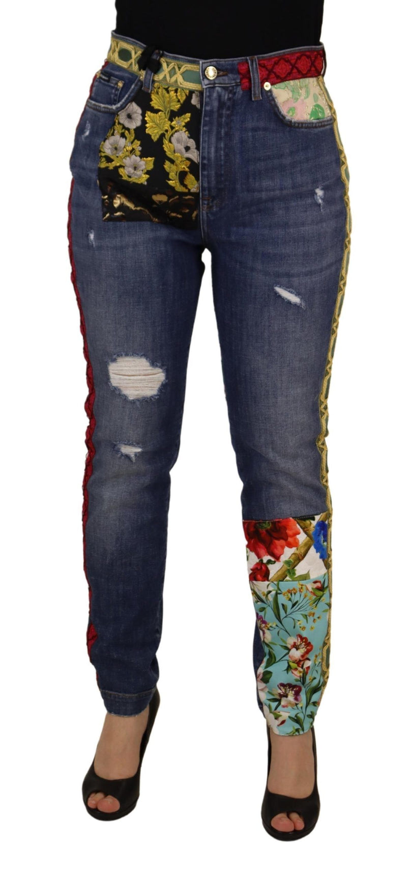 Dolce & Gabbana Jeans Femme Bleu Patchwork Taille Haute
