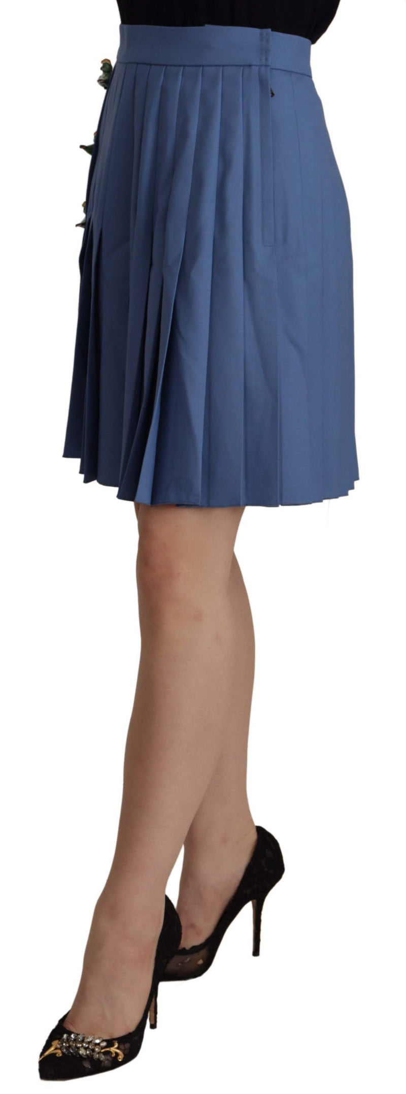 Dolce & Gabbana Jupe Mini Plissée Embellie Bleue en Laine