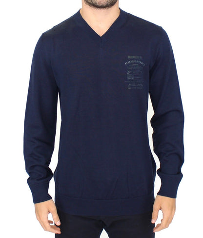Pull en laine mélangée bleu à col en V d'Ermanno Scervino