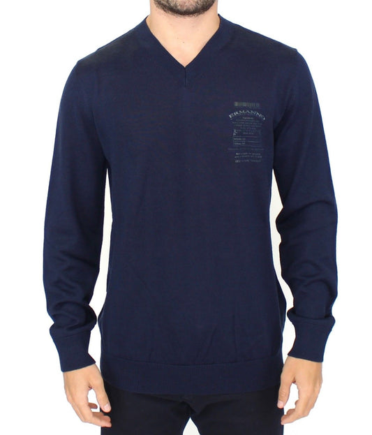 Pull en laine mélangée bleu à col en V d'Ermanno Scervino