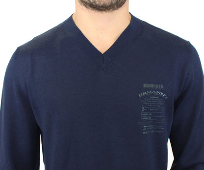 Pull en laine mélangée bleu à col en V d'Ermanno Scervino