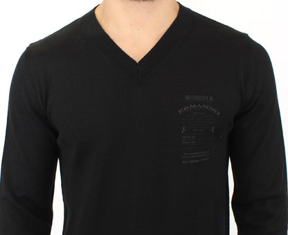 Pull en laine mélangée noir à col en V de Ermanno Scervino