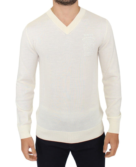 Pull en laine mélangée à col en V blanc cassé d'Ermanno Scervino