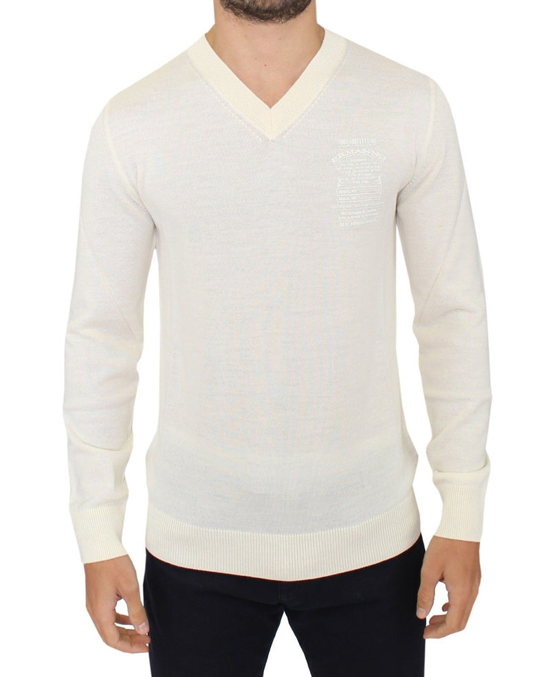 Pull en laine mélangée à col en V blanc cassé d'Ermanno Scervino