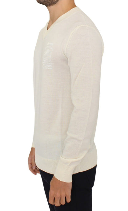 Pull en laine mélangée à col en V blanc cassé d'Ermanno Scervino