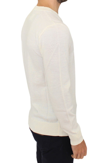 Pull en laine mélangée à col en V blanc cassé d'Ermanno Scervino