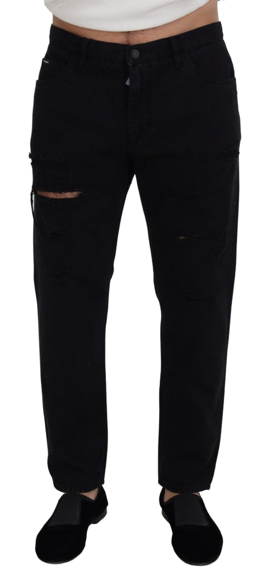 Jeans en coton noir, taille normale, coupe ample et déchirés de Dolce & Gabbana