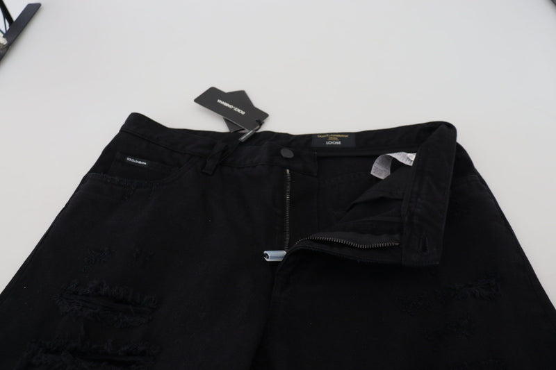 Jeans en coton noir, taille normale, coupe ample et déchirés de Dolce &amp; Gabbana