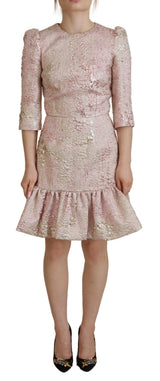 Dolce & Gabbana Pink Jacquard 3/4 Sleeve Sheath Midi Dress