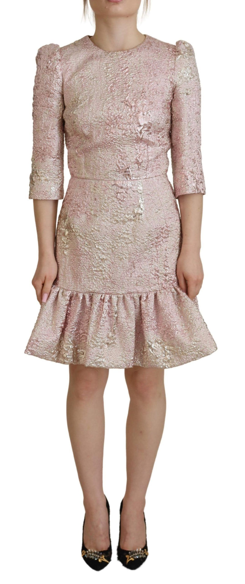Dolce & Gabbana Pink Jacquard 3/4 Sleeve Sheath Midi Dress