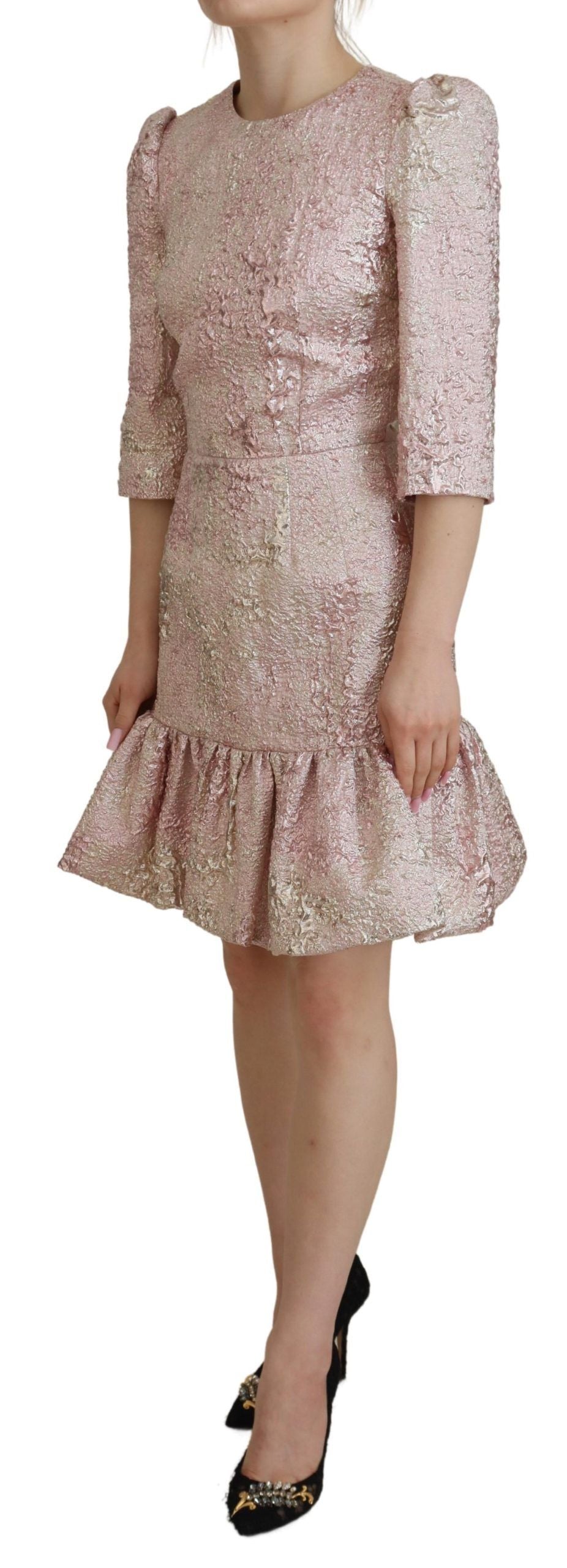 Dolce & Gabbana Pink Jacquard 3/4 Sleeve Sheath Midi Dress