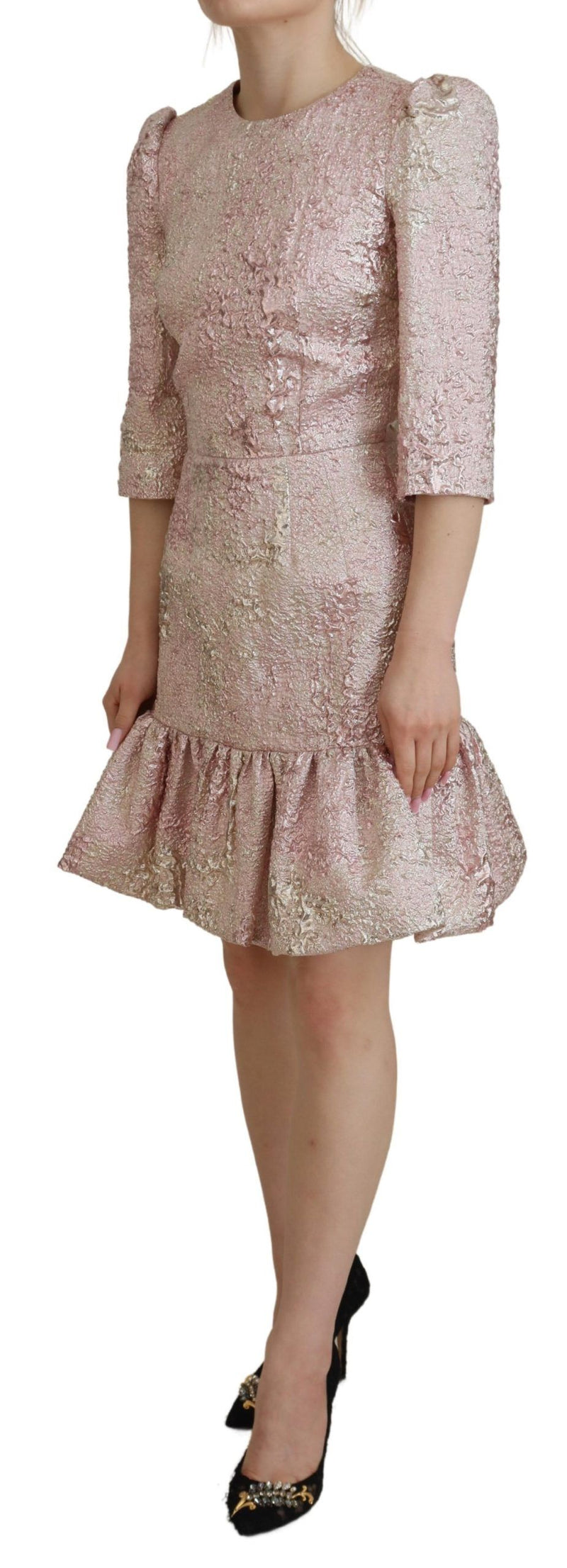 Dolce & Gabbana Pink Jacquard 3/4 Sleeve Sheath Midi Dress