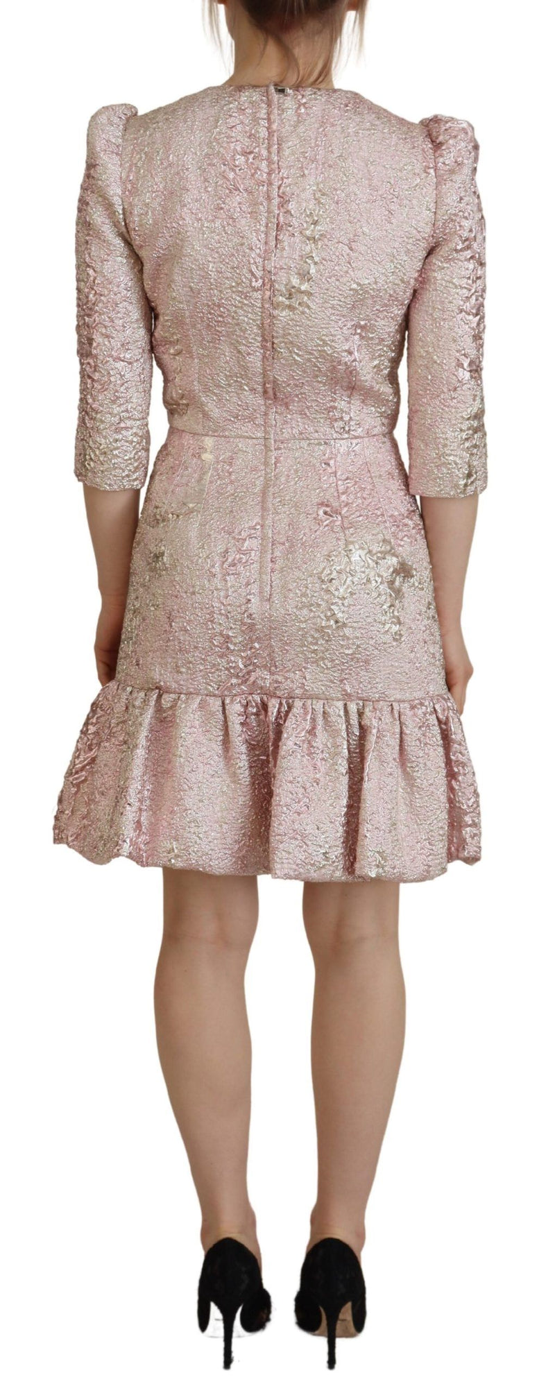 Dolce & Gabbana Pink Jacquard 3/4 Sleeve Sheath Midi Dress