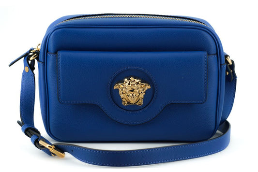 Sacoche pour appareil photo Versace en cuir de veau bleu élégant