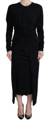 Dolce & Gabbana Black Sheath Midi Gown - Elegant Wool Wrap Dress
