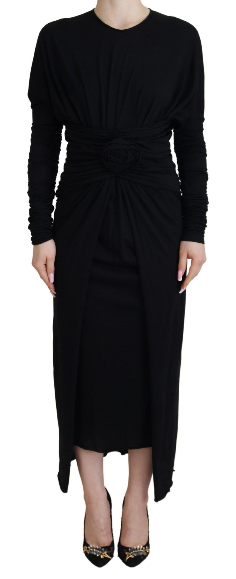 Dolce & Gabbana Black Sheath Midi Gown - Elegant Wool Wrap Dress