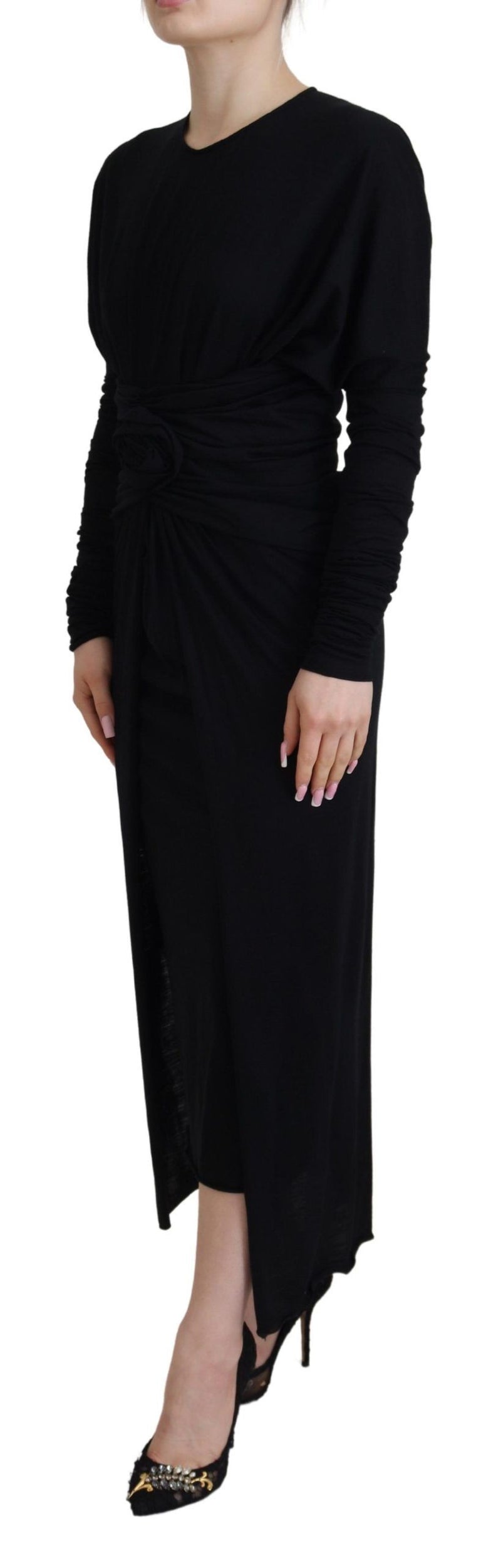 Dolce & Gabbana Black Sheath Midi Gown - Elegant Wool Wrap Dress