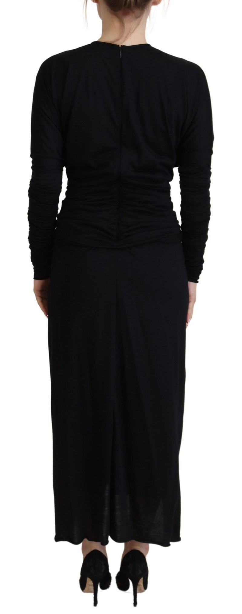 Dolce & Gabbana Black Sheath Midi Gown - Elegant Wool Wrap Dress