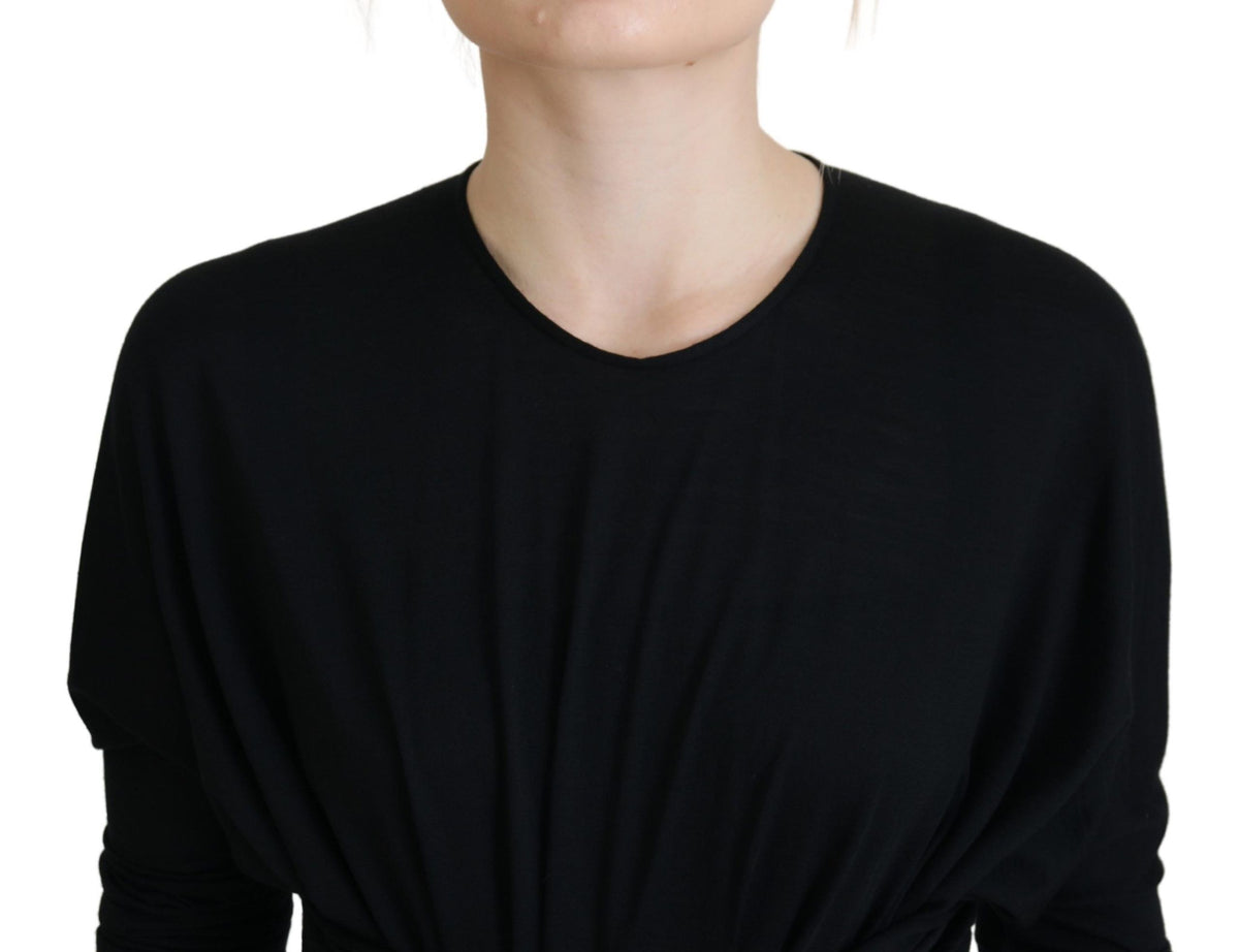 Dolce & Gabbana Black Sheath Midi Gown - Elegant Wool Wrap Dress