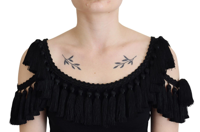 Dolce & Gabbana Black Tank Top Blouse with Tassle