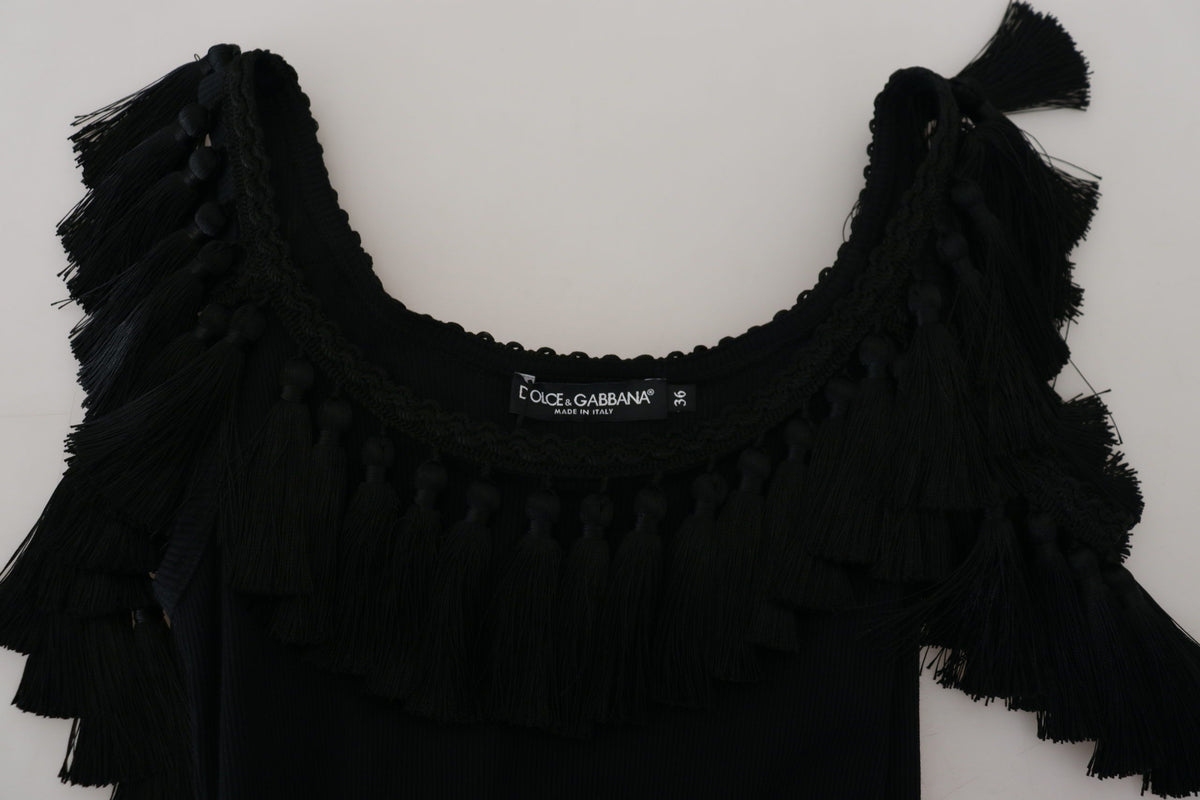 Dolce & Gabbana Black Tank Top Blouse with Tassle