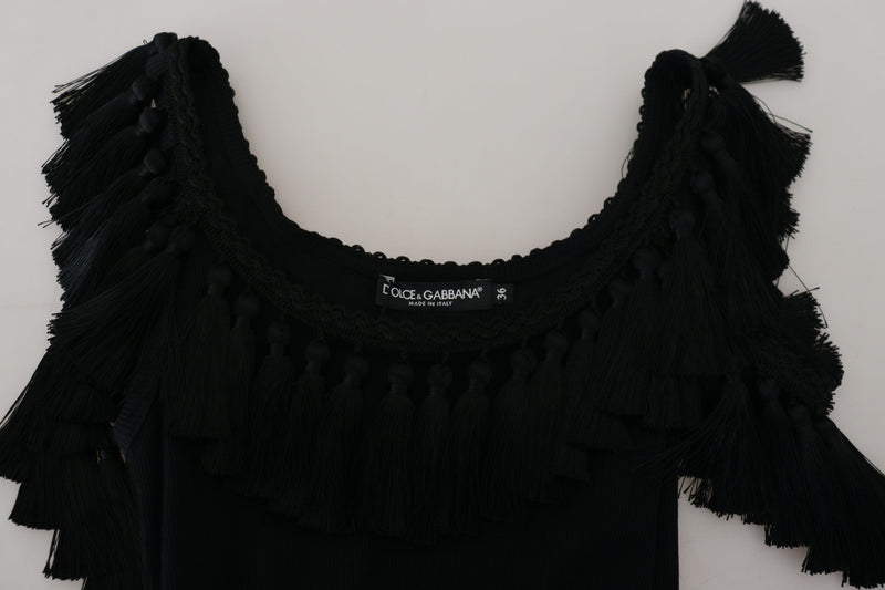 Dolce & Gabbana Black Tank Top Blouse with Tassle