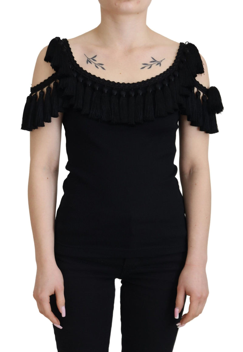 Dolce & Gabbana Black Tank Top Blouse with Tassle