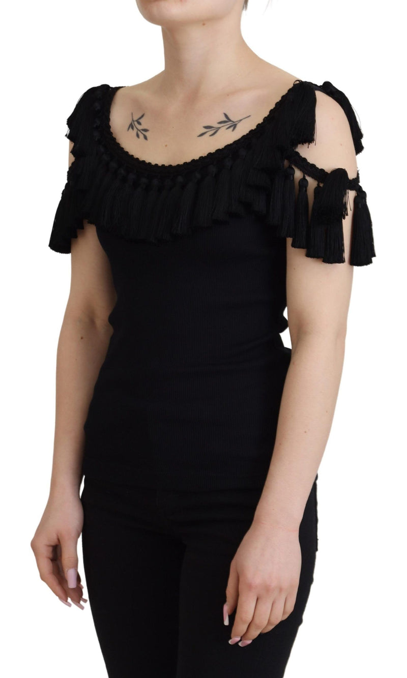 Dolce & Gabbana Black Tank Top Blouse with Tassle