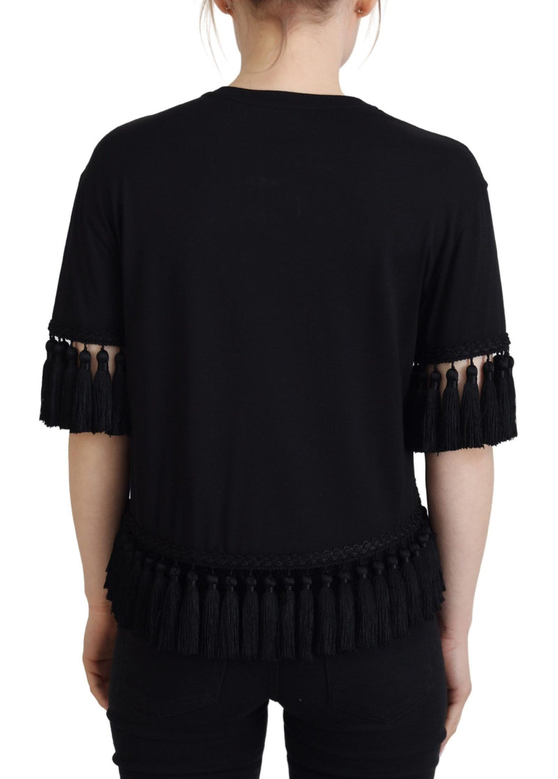 Dolce & Gabbana Black Cotton T-Shirt Blouse with Tassle