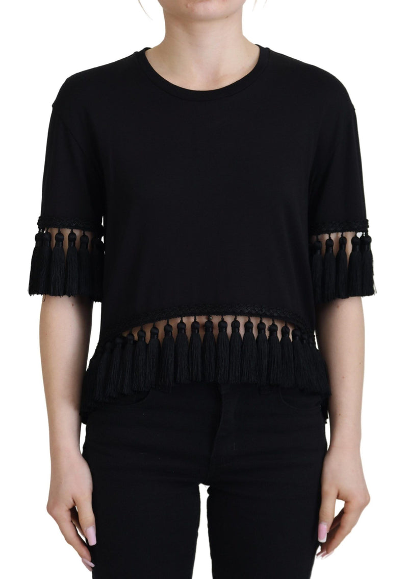Dolce & Gabbana Black Cotton T-Shirt Blouse with Tassle