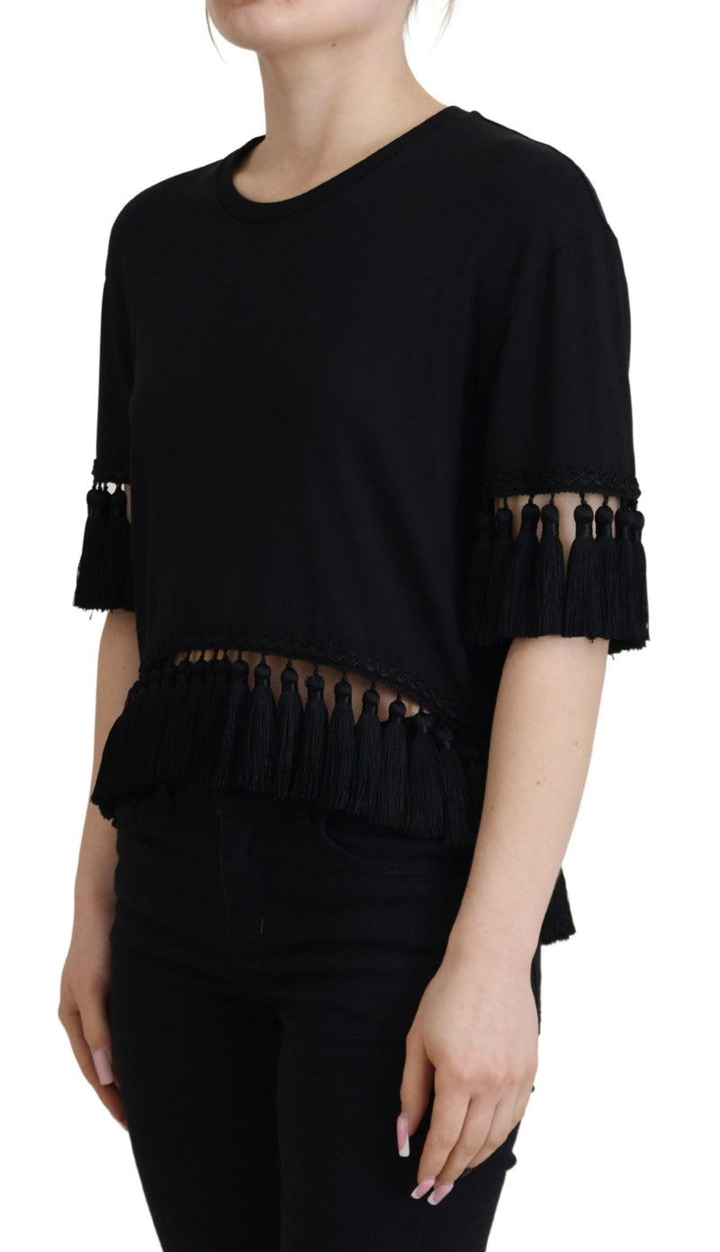 Dolce & Gabbana Black Cotton T-Shirt Blouse with Tassle