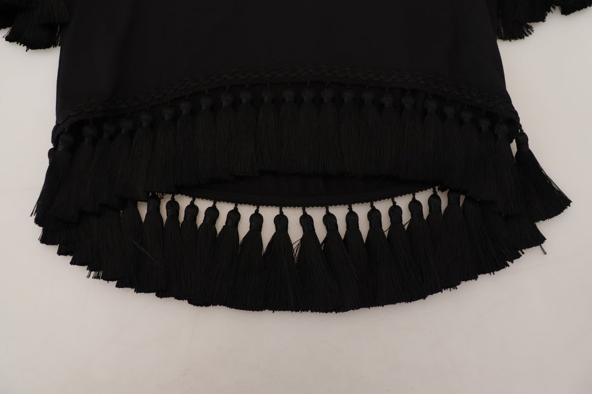 Dolce & Gabbana Black Cotton T-Shirt Blouse with Tassle