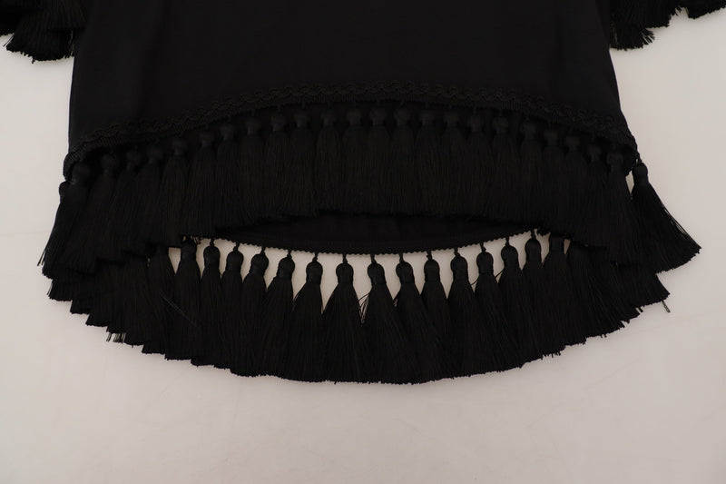 Dolce & Gabbana Black Cotton T-Shirt Blouse with Tassle