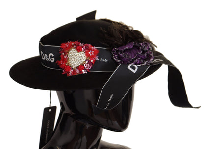 Chapeau Fedora Dolce & Gabbana avec broche en forme de cœur et plumes en cristal noir