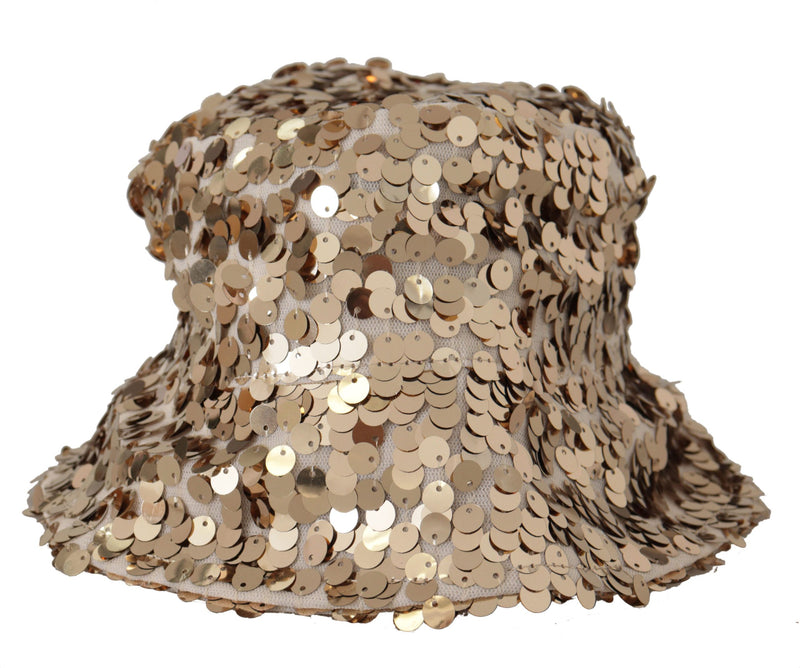 Dolce & Gabbana Gold Silk Sequin Embellished Bucket Hat