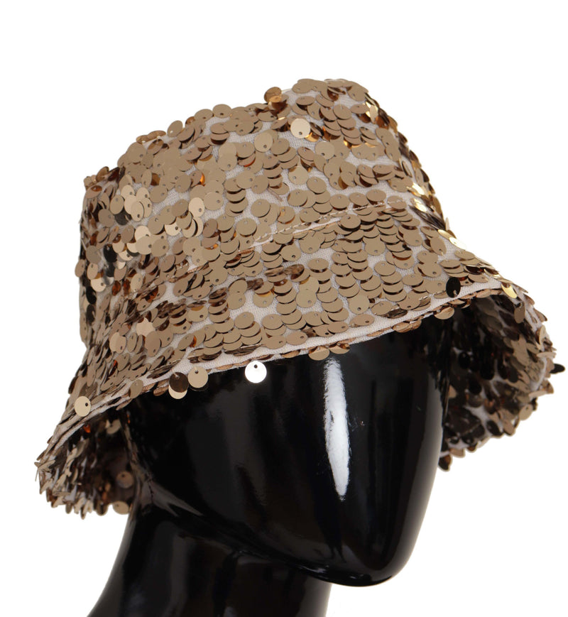 Dolce & Gabbana Gold Silk Sequin Embellished Bucket Hat