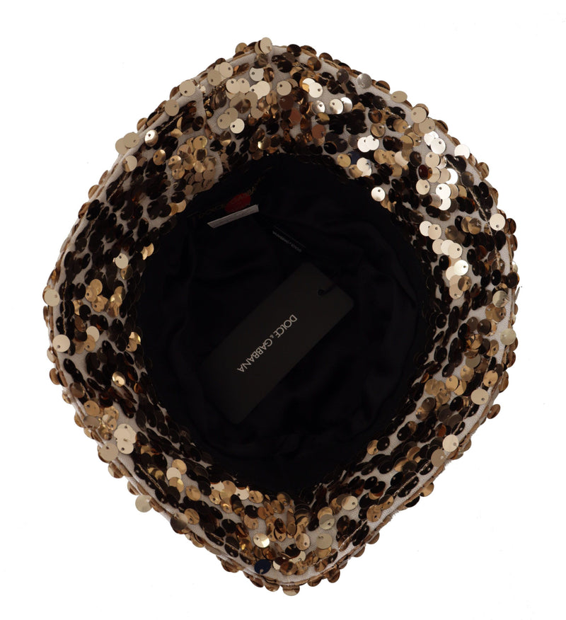 Dolce & Gabbana Gold Silk Sequin Embellished Bucket Hat