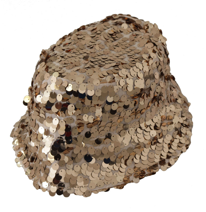 Dolce & Gabbana Gold Silk Sequin Embellished Bucket Hat
