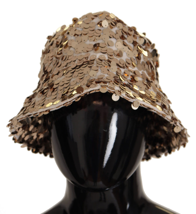 Dolce & Gabbana Gold Silk Sequin Embellished Bucket Hat