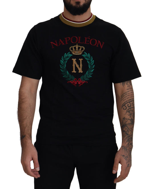 Dolce & Gabbana zwart katoenen T-shirt met borduursel en ronde hals.