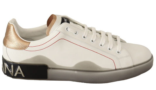 Sneakers basses en cuir blanc et or de Dolce & Gabbana, chaussures décontractées.