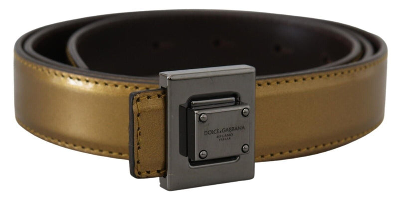 Ceinture Dolce &amp; Gabbana en cuir doré avec boucle carrée en métal argenté