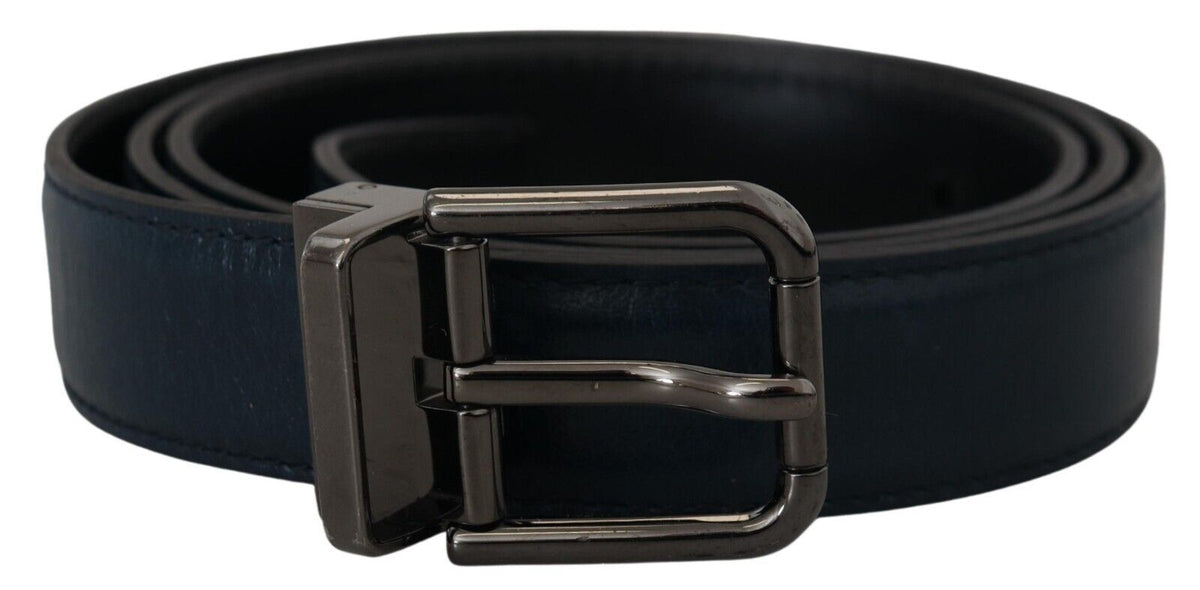 Ceinture vintage Dolce &amp; Gabbana en cuir bleu avec boucle en métal argenté