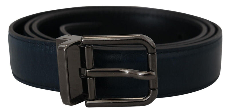 Ceinture vintage Dolce &amp; Gabbana en cuir bleu avec boucle en métal argenté