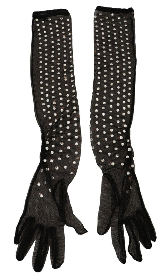 Gants en tulle de coton à cristaux noirs Dolce & Gabbana