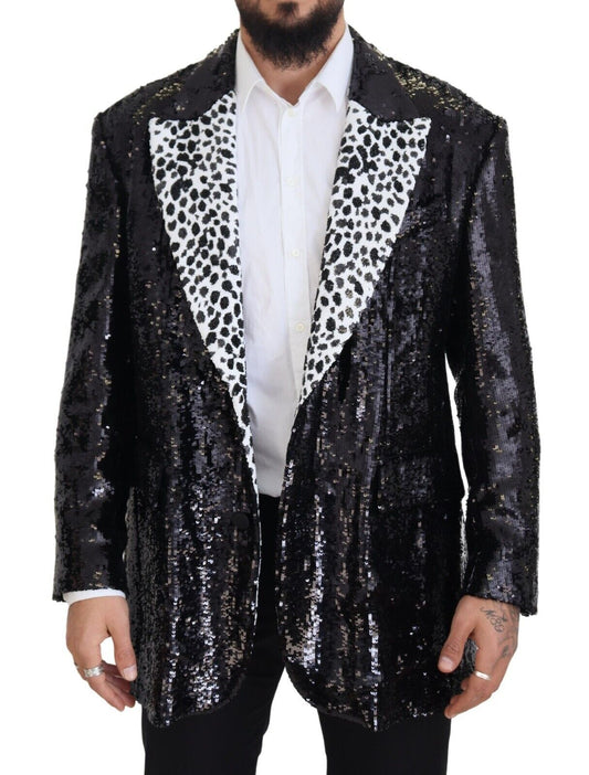 Blazer en nylon noir à paillettes et motif vache de Dolce & Gabbana