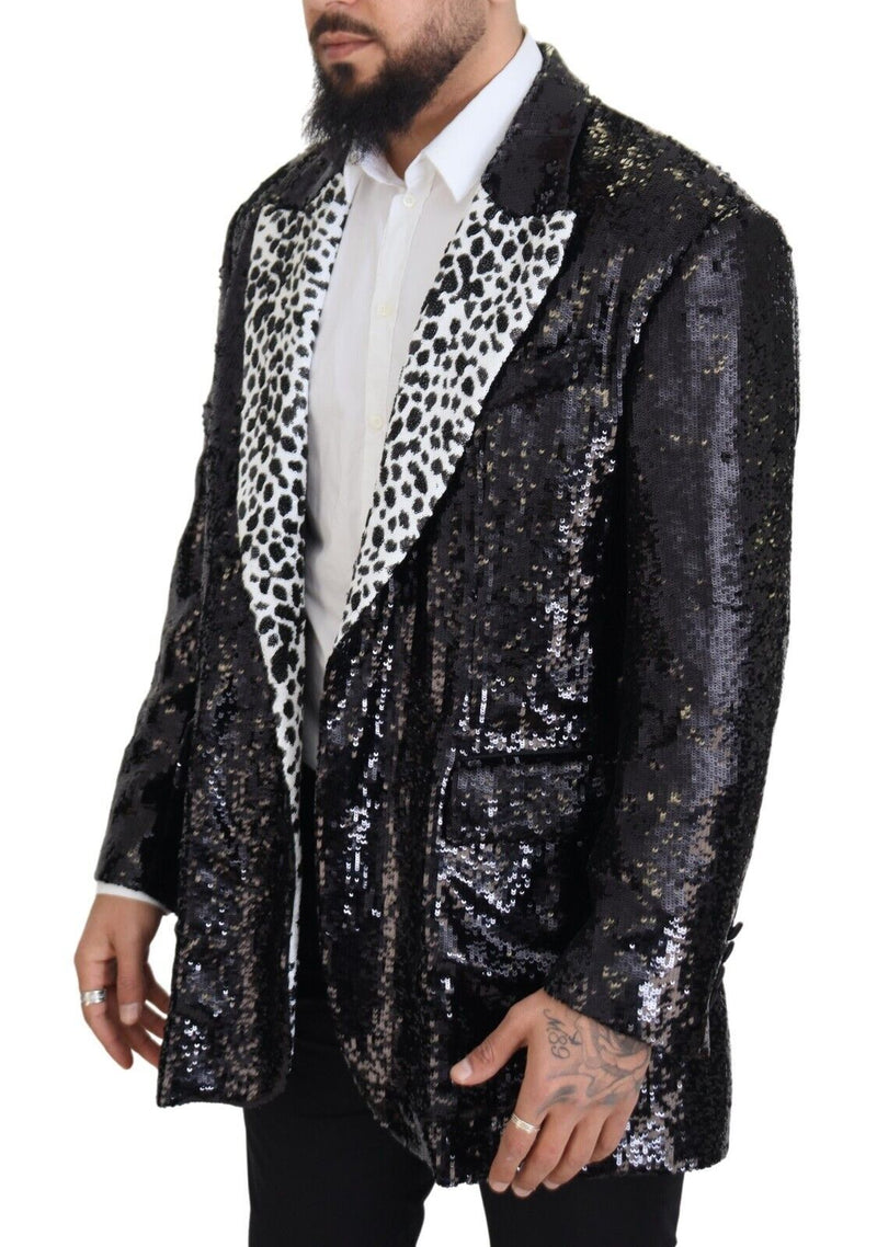 Blazer en nylon noir à paillettes et motif vache de Dolce &amp; Gabbana