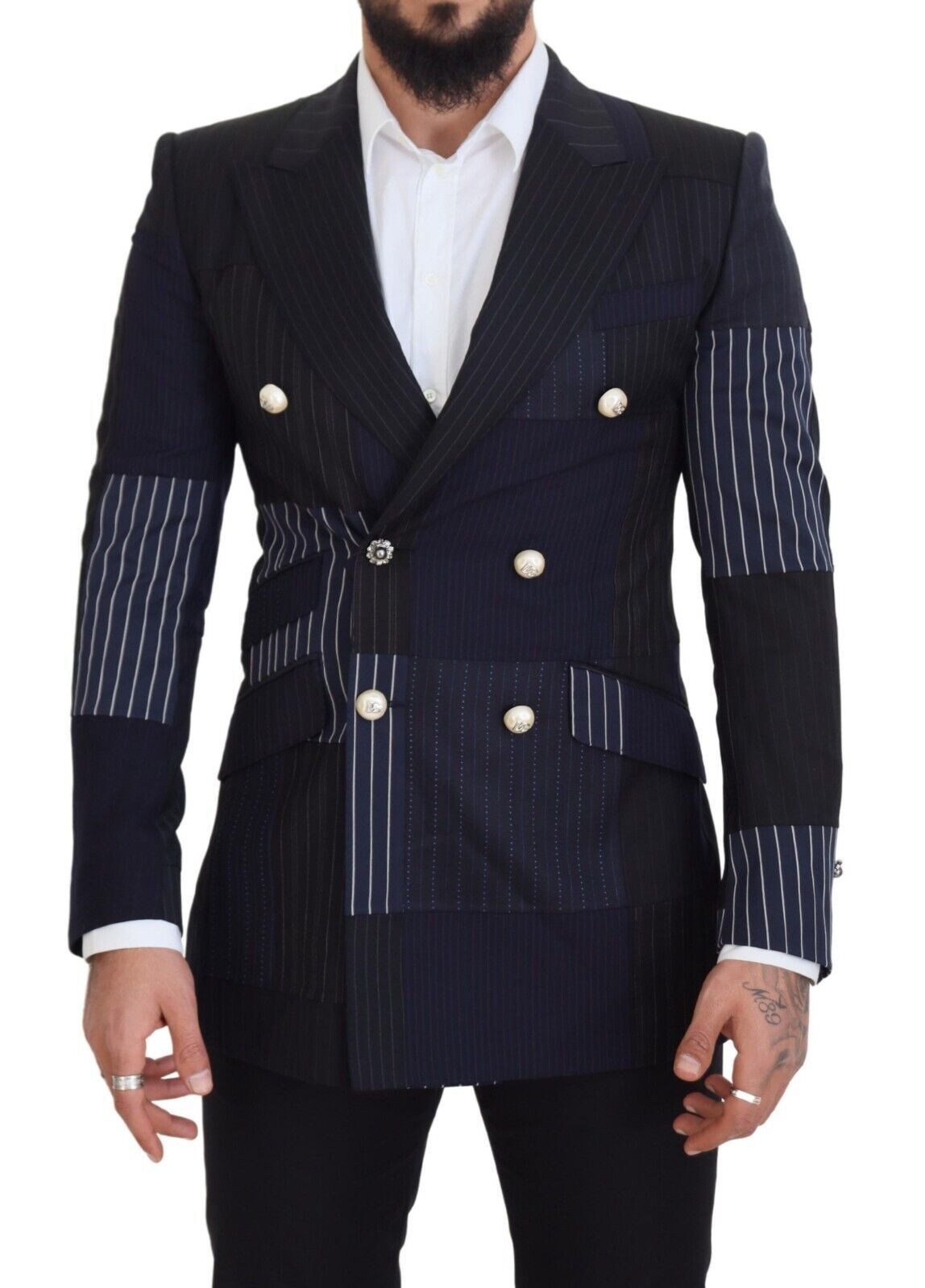 Dolce &amp; Gabbana Blazer bleu en laine avec empiècements et boutonnage double.