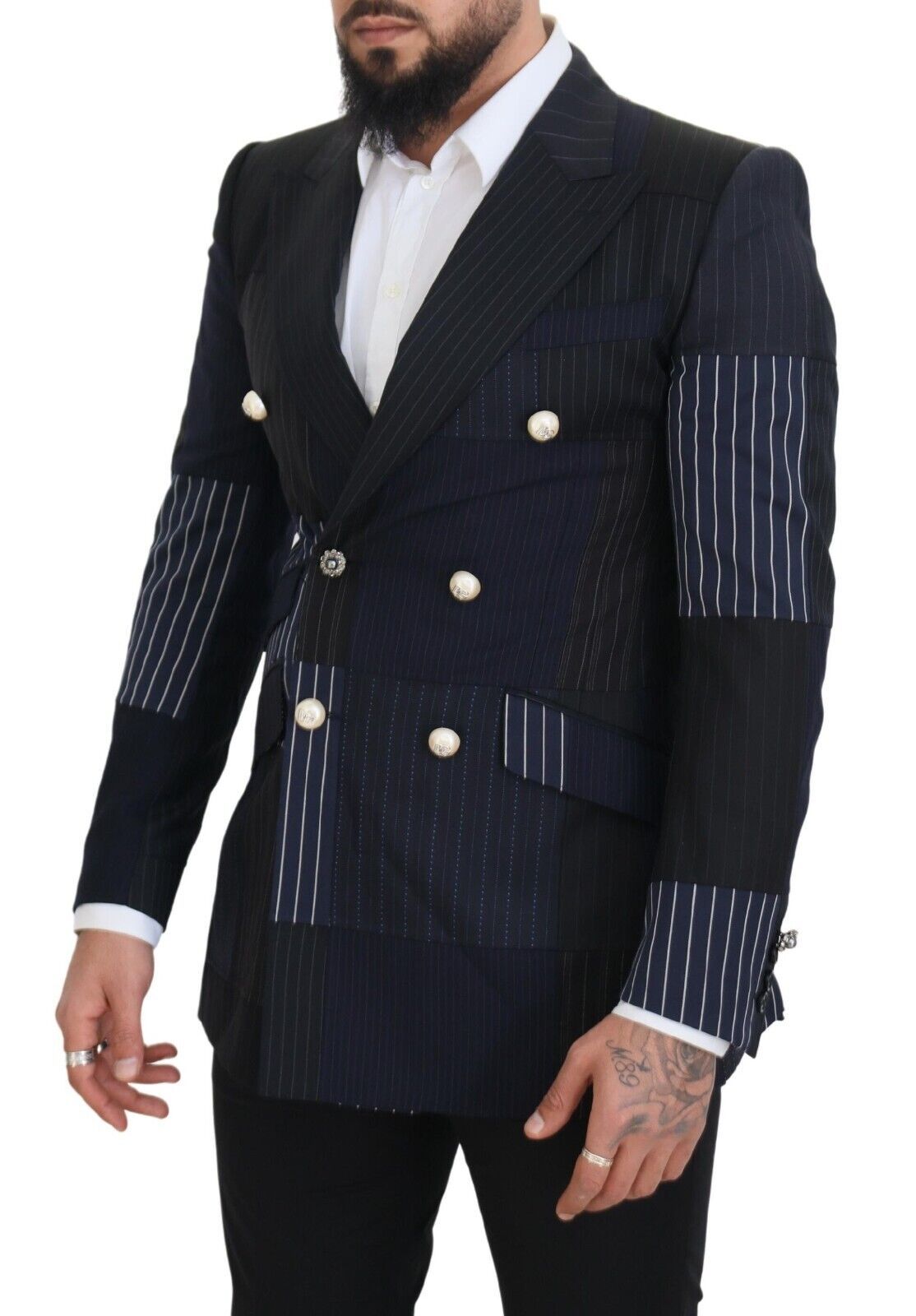 Dolce &amp; Gabbana Blazer bleu en laine avec empiècements et boutonnage double.